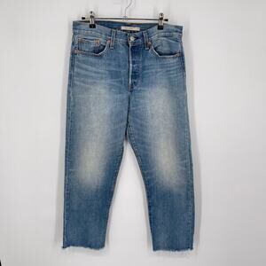 Levi's Wedgie Straight Jeans Women's Size 29 Cotton Button Fly Crop Blue Raw Hem